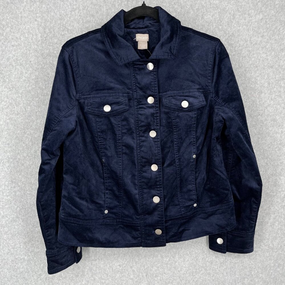 Chicos Velveteen Moto Jacket Size M 8/10 Blue Full Zip Pockets Lined Cropped